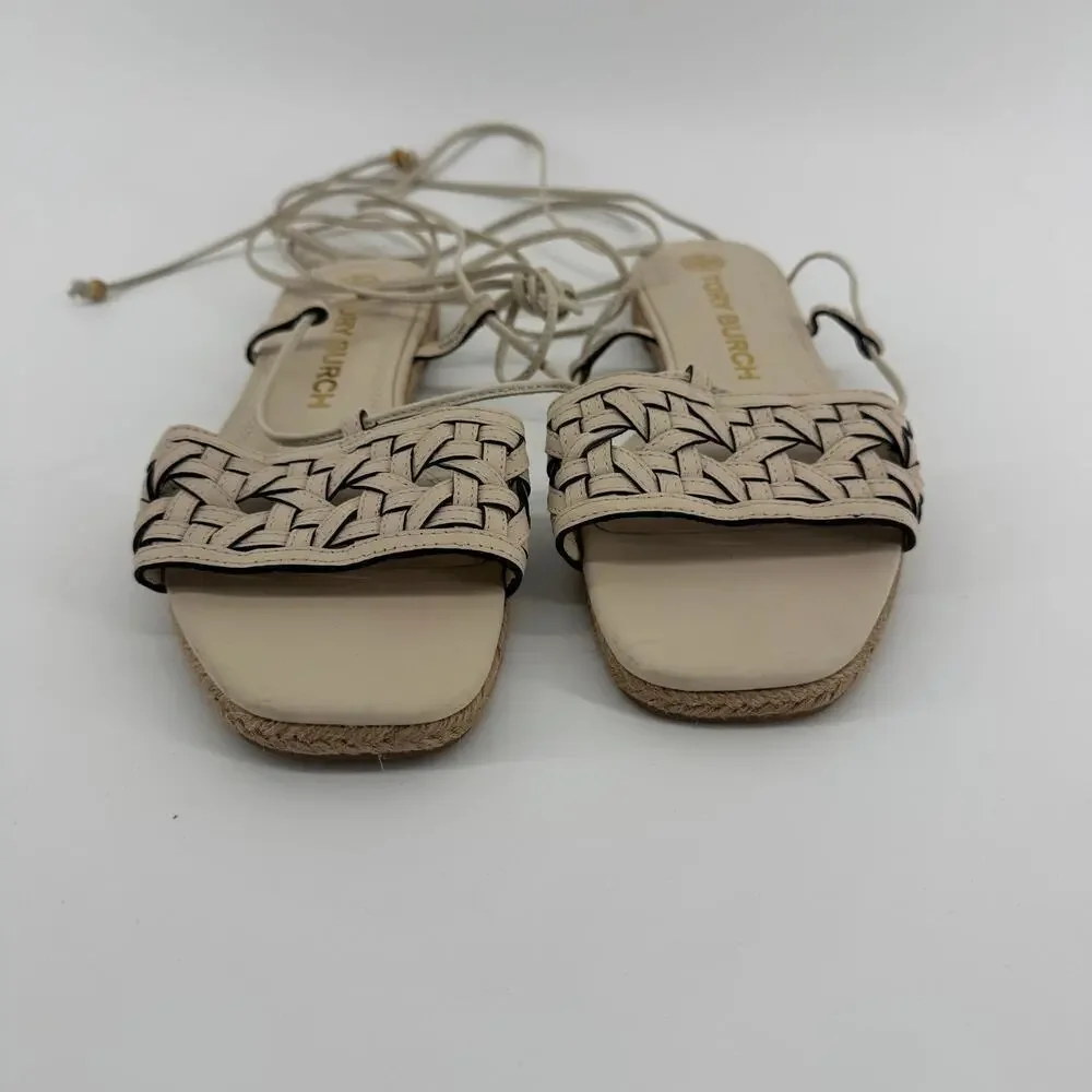 Tory Burch Caning Ankle-Wrap Leather Espadrille Sandals Size 7 NWOT Summer
